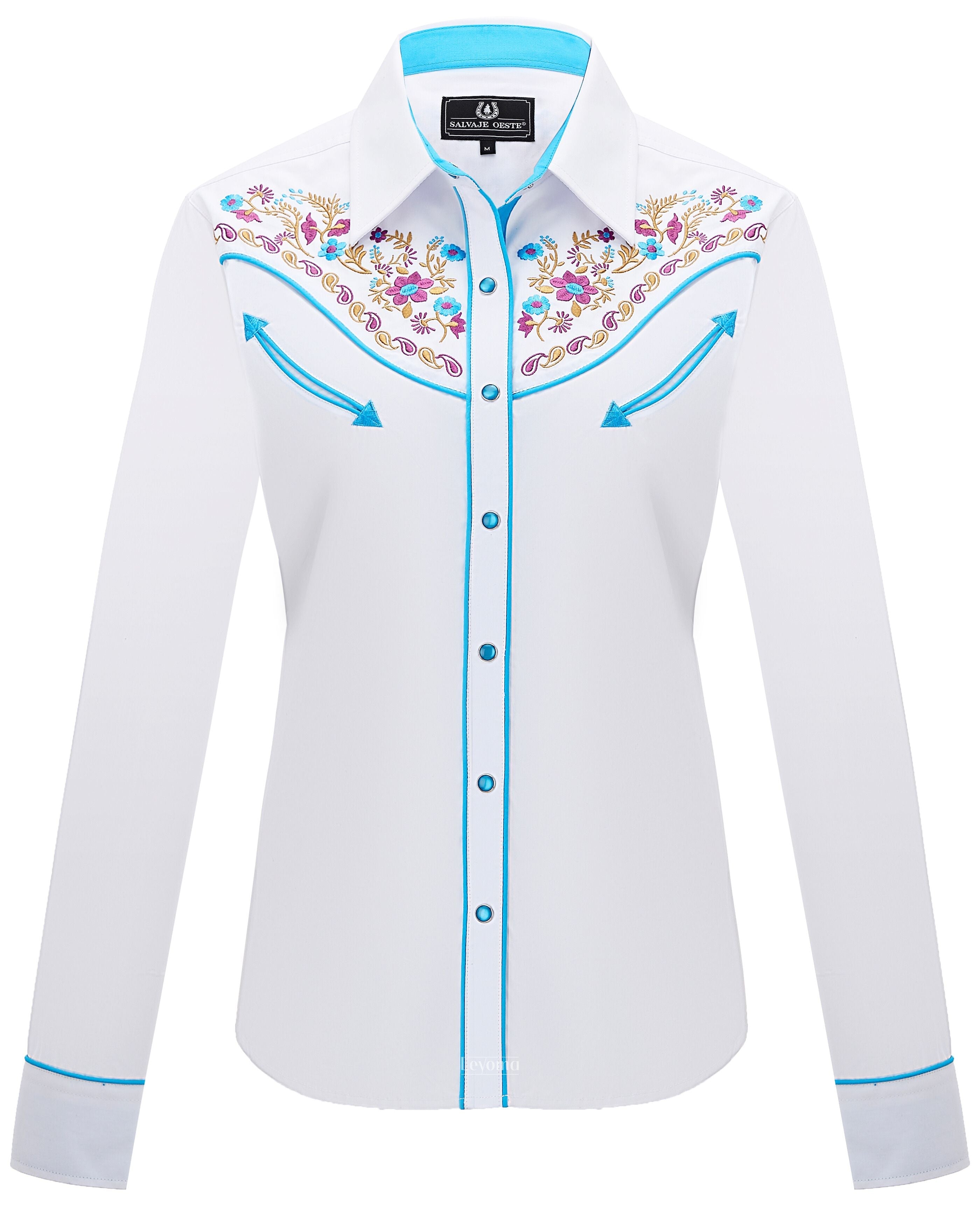 Women's White Floral Embroidered Western Pearl Snap Shirt