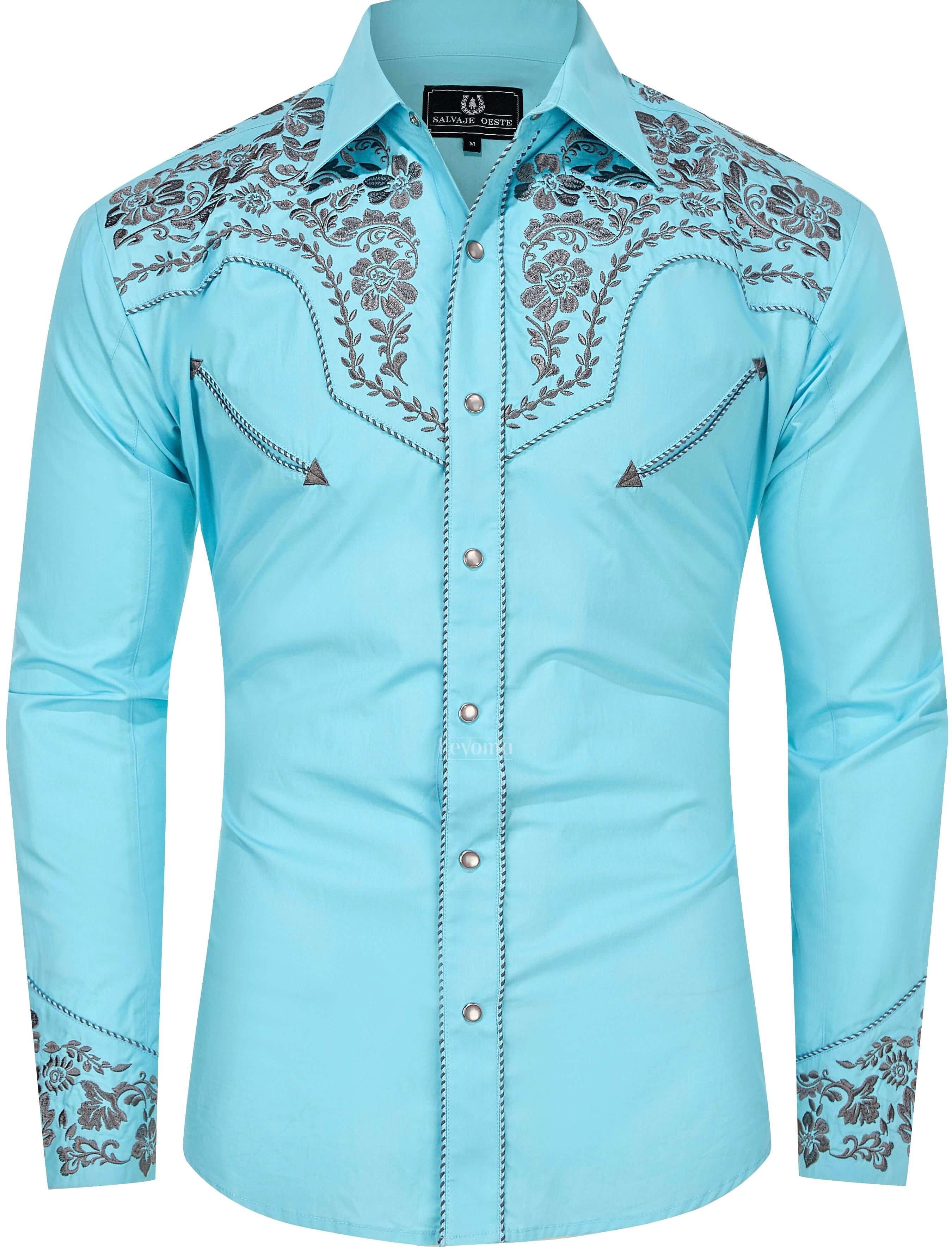 Montana Sky-Blue Men's Embroidered Western Pearl Snap Shirt