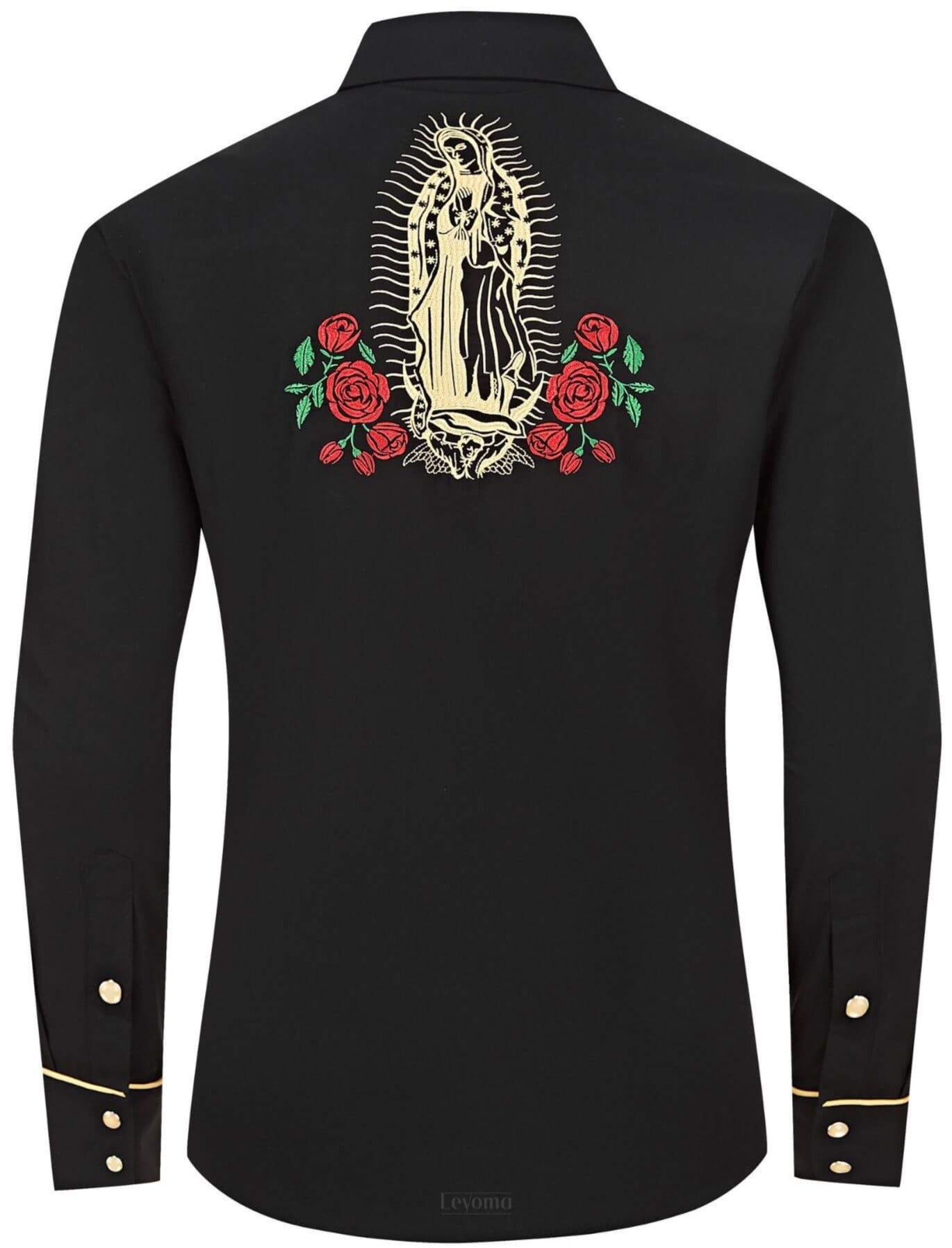 Mother Mary Black Men's Embroidered Western Pearl Snap Shirt