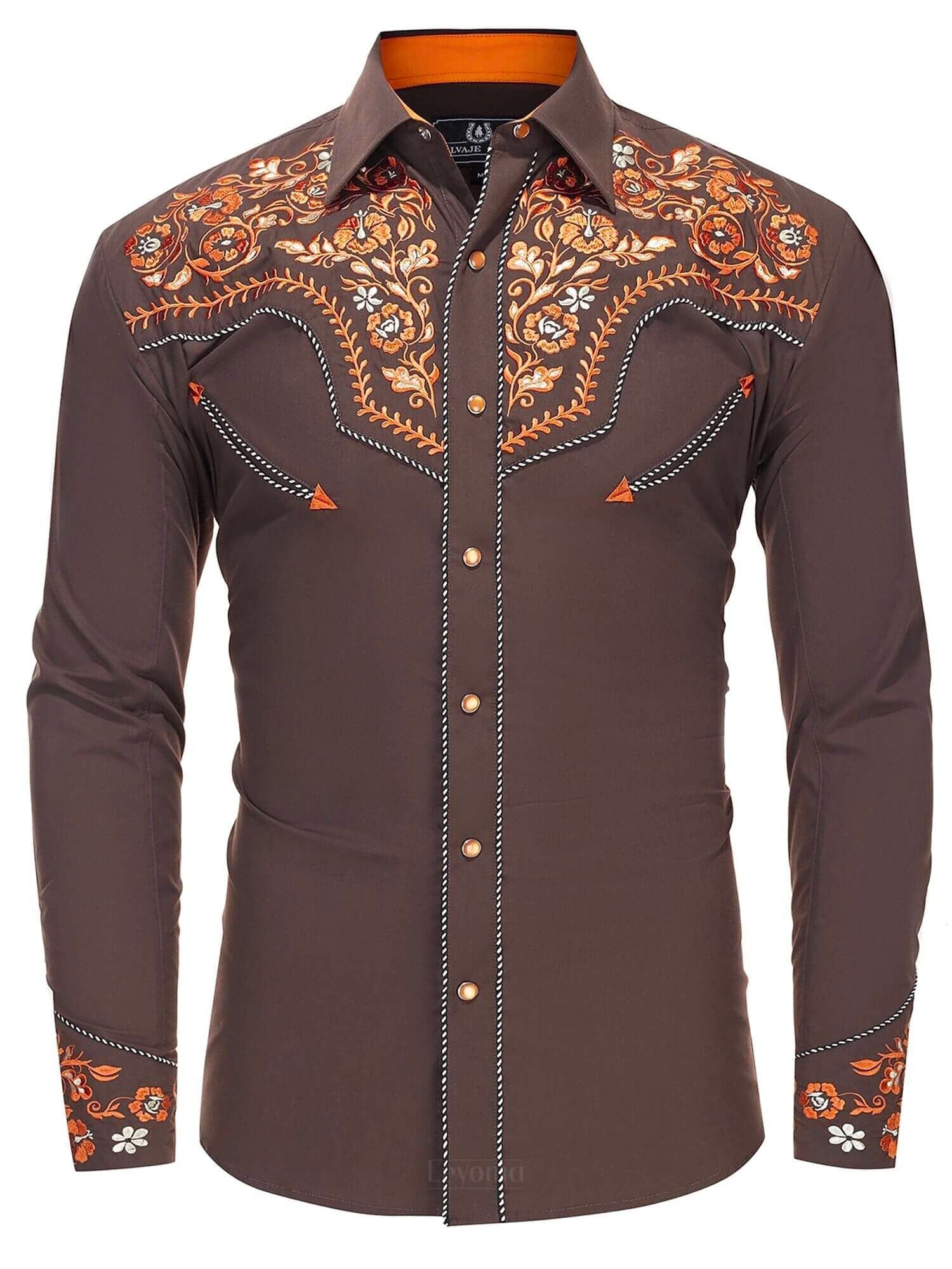 Saddle Brown Men's Embroidered Western Pearl Snap Shirt