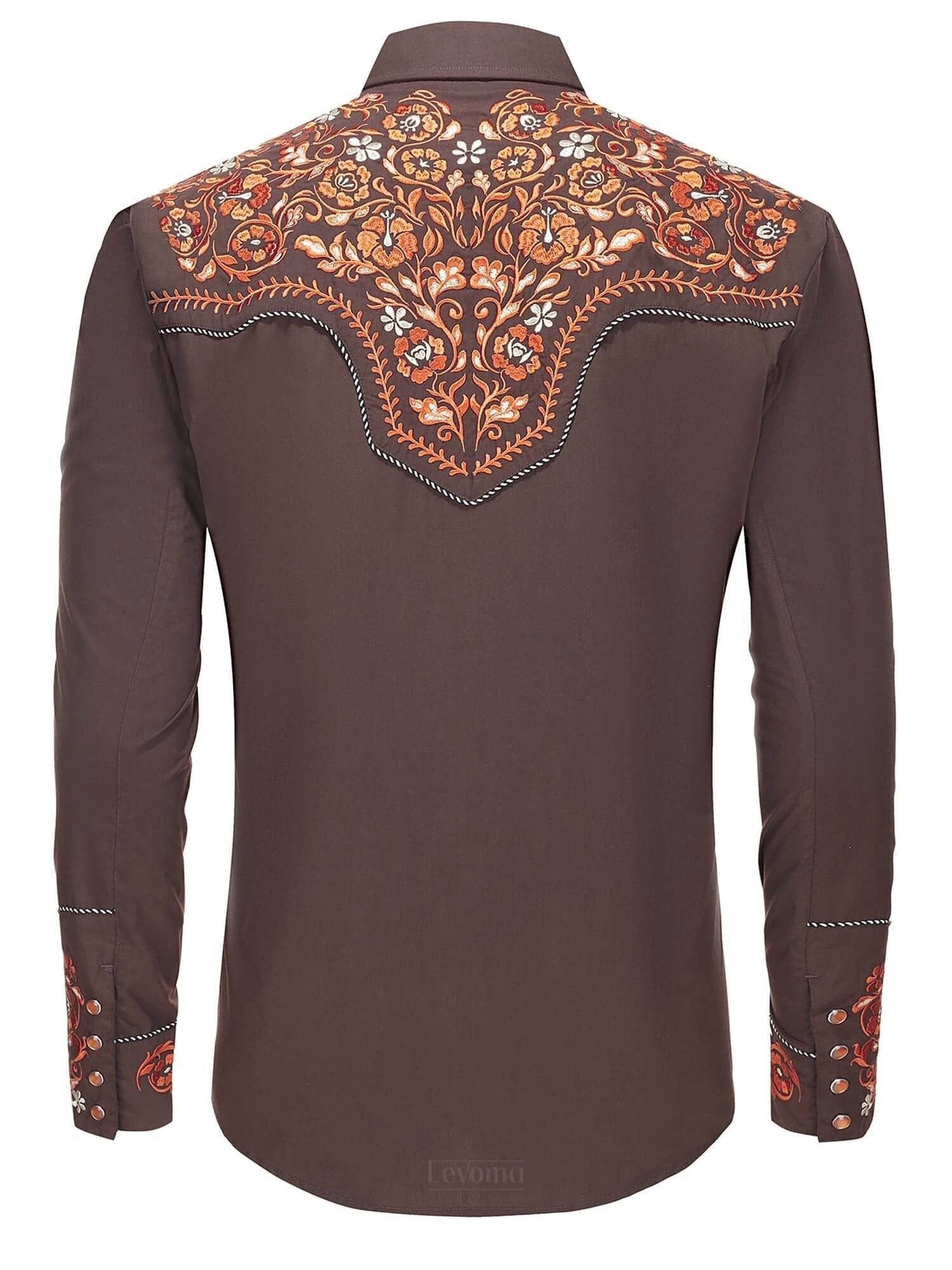 Saddle Brown Men's Embroidered Western Pearl Snap Shirt