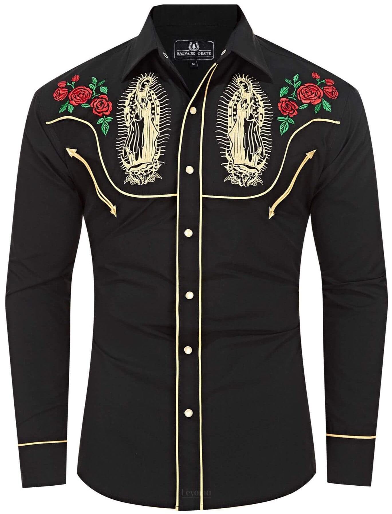Mother Mary Black Men's Embroidered Western Pearl Snap Shirt